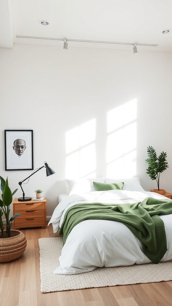 A minimalist bedroom featuring white bedding, a green throw blanket, and natural wood furniture.