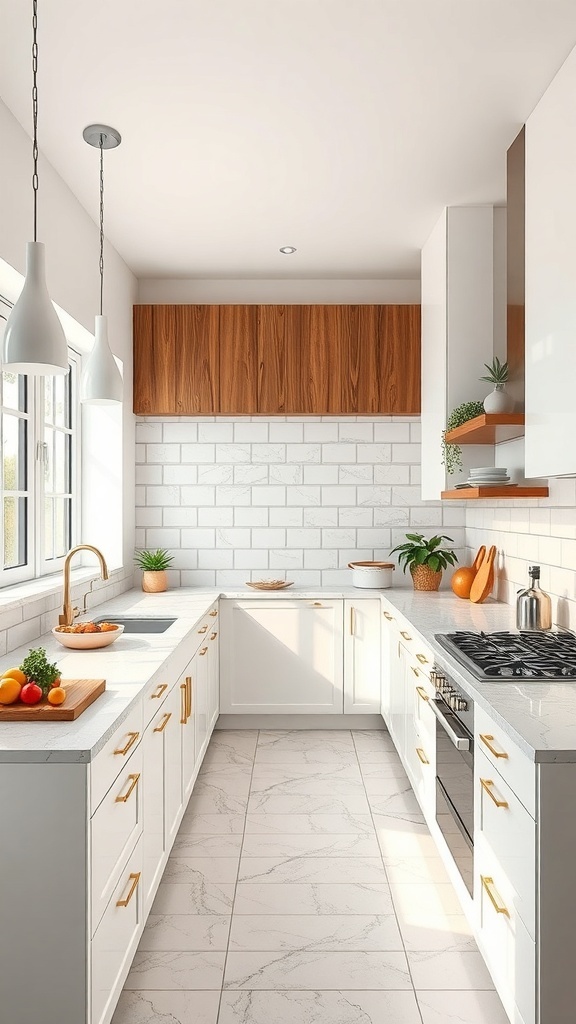 Modern kitchen with a linear layout featuring white cabinets and wood accents