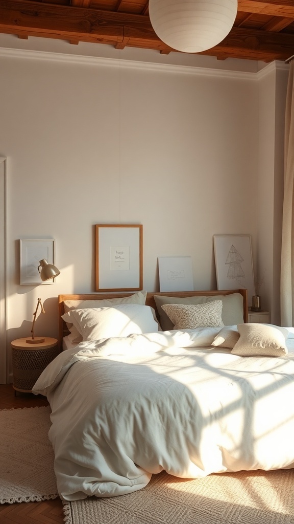 A cozy bedroom with Linen White walls, natural light, and warm decor.
