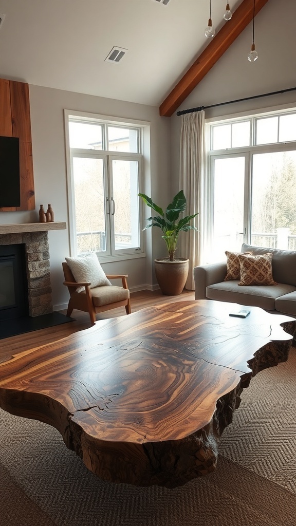 A live-edge slab coffee table made from rich wood, showcasing natural grain and curves, placed in a cozy living room setting.