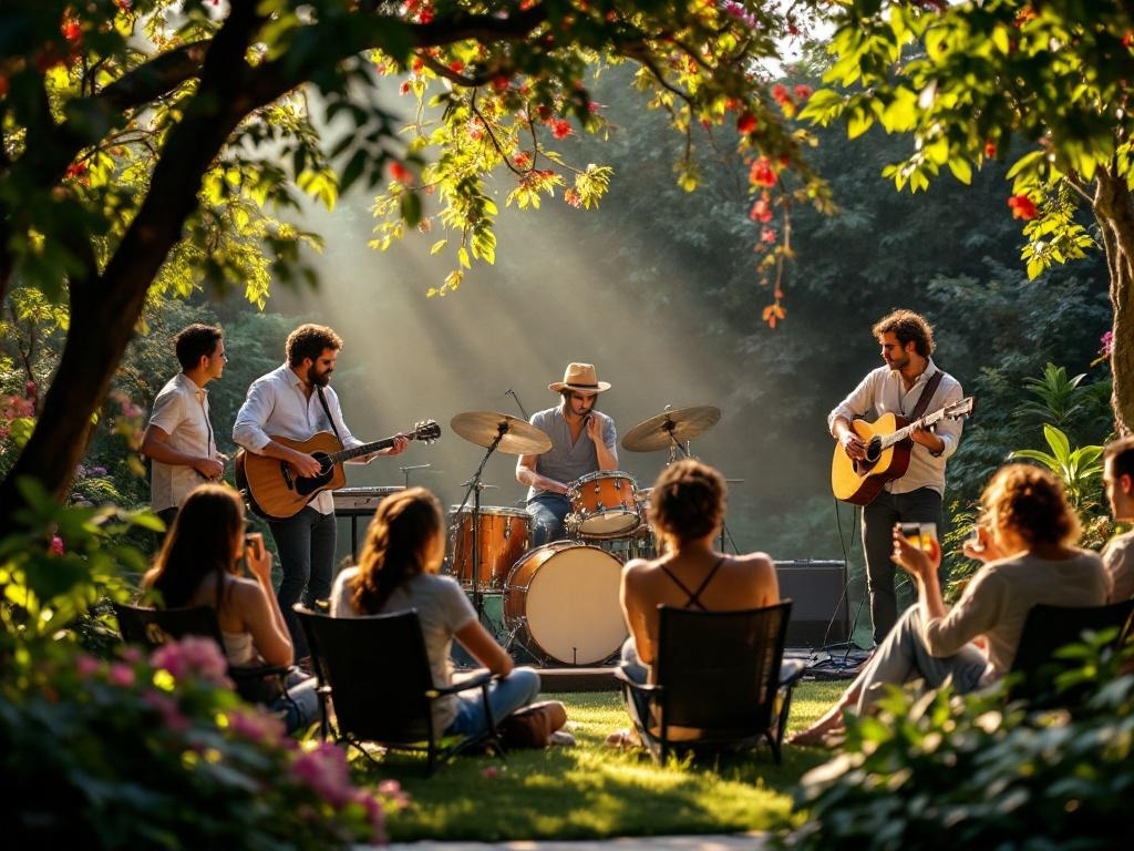 A band performing in a garden setting with guests enjoying the live music.