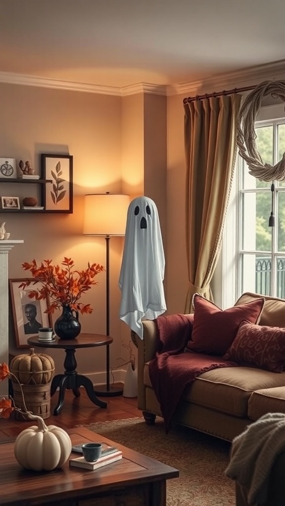 A cozy living room with a ghost reading book lamp, autumn decorations, and a comfortable sofa.