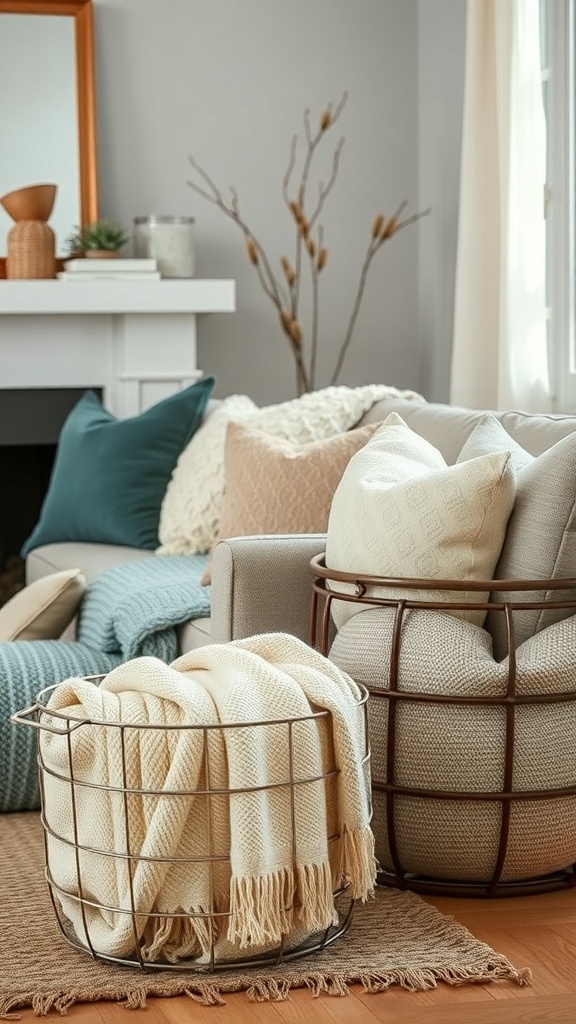 A cozy living room with wire baskets holding throw blankets and pillows.