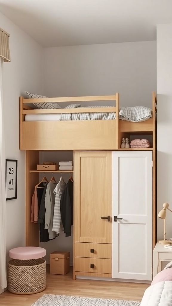A kids' room featuring a loft bed above a corner wardrobe, showcasing a cozy and organized space.