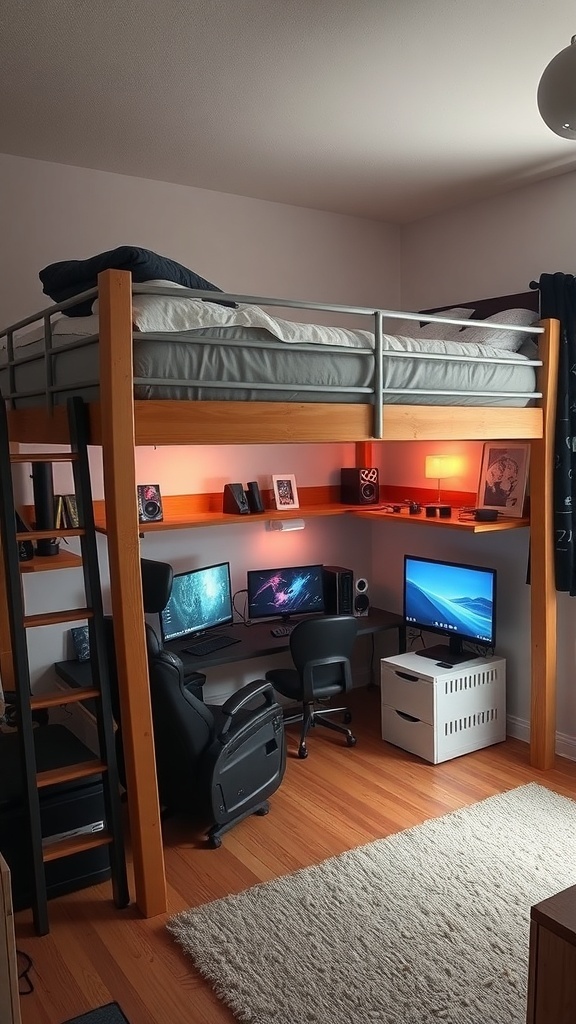 Loft bed with gaming station underneath, featuring dual monitors and a cozy gaming chair.