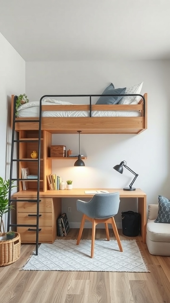 A stylish loft bed with a workspace underneath, featuring a desk, chair, and warm wooden accents.