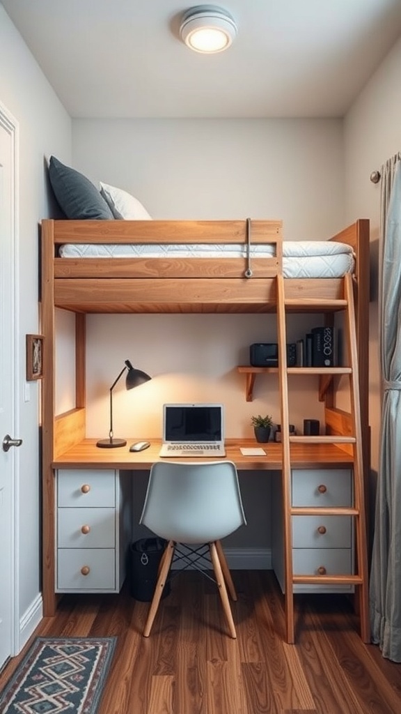 Lofted bed with workspace below, featuring a desk and storage drawers.