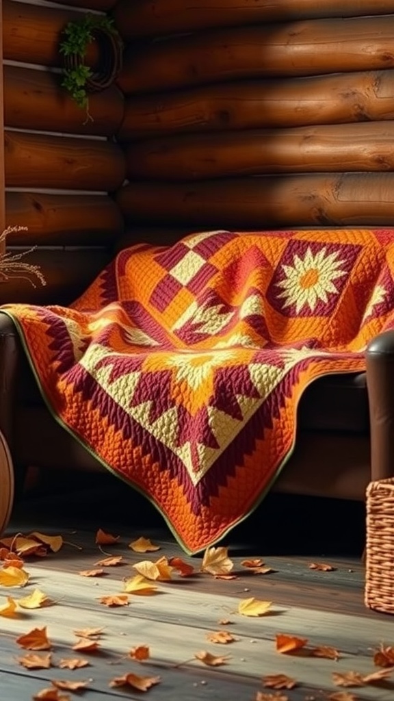 A vibrant Log Cabin Autumn Quilt in warm colors, draped over a couch with autumn leaves scattered on the floor.