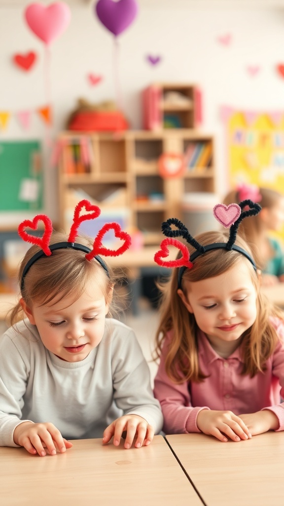 Two children wearing Love Bug Headbands with heart designs, sitting at a table in a decorated classroom.