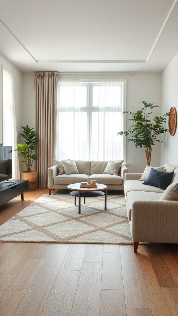 A calm living room with a low-contrast rug, neutral sofas, and natural light.