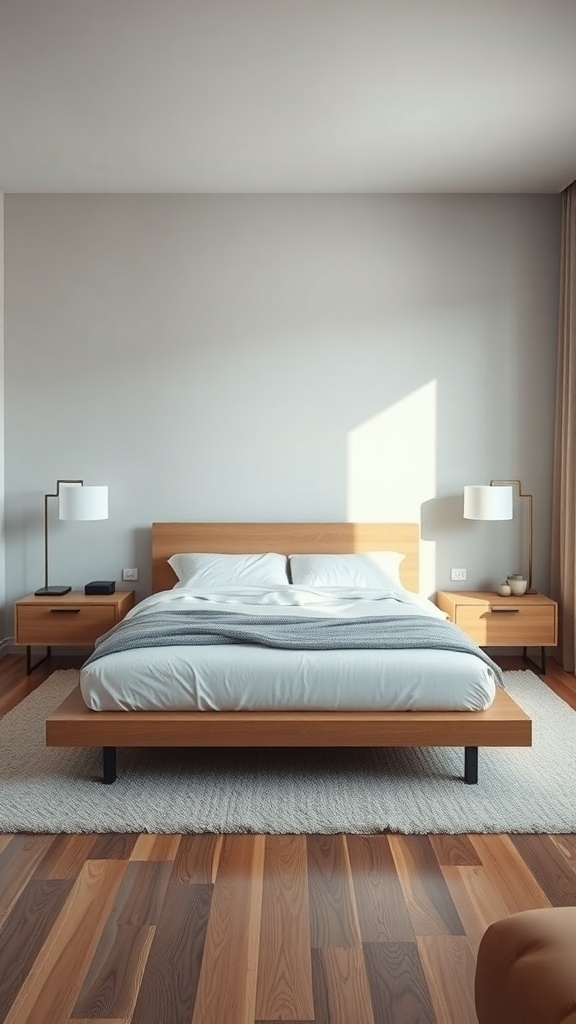 A serene modern minimalist bedroom featuring low-profile furniture with a platform bed and simple nightstands.
