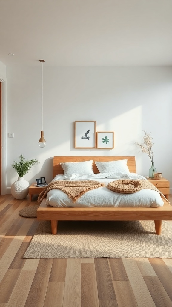 A serene bedroom featuring a low-profile platform bed in natural wood, adorned with neutral bedding and minimal decor.
