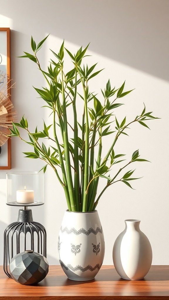 A stylish arrangement of Lucky Bamboo in a decorative vase, surrounded by candles and other decor items.