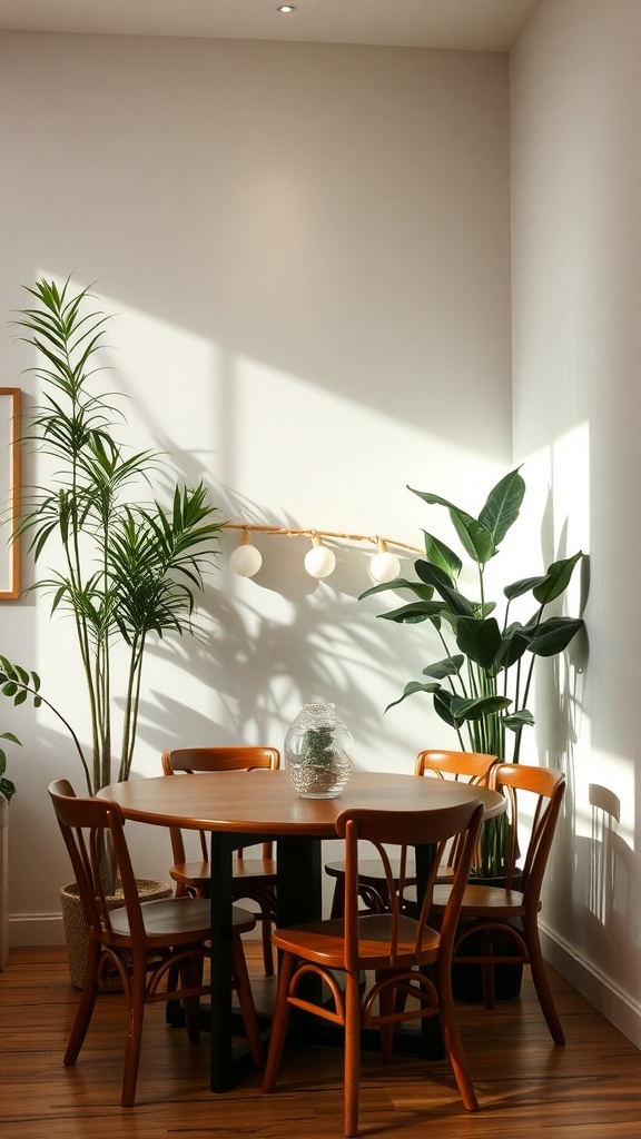 A cozy dining corner with lush greenery and a round table.