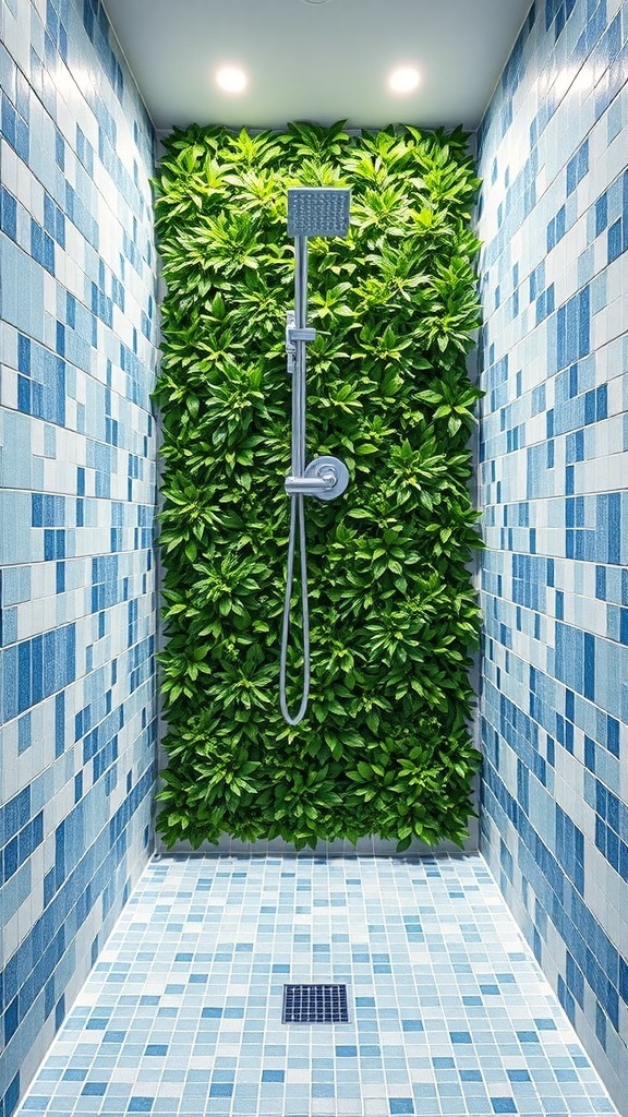 A shower with a lush green accent wall and blue tile design.