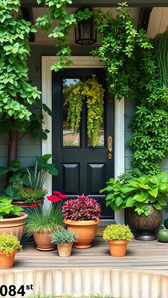 A front porch decorated with various potted plants and greenery, creating a fresh and inviting look.