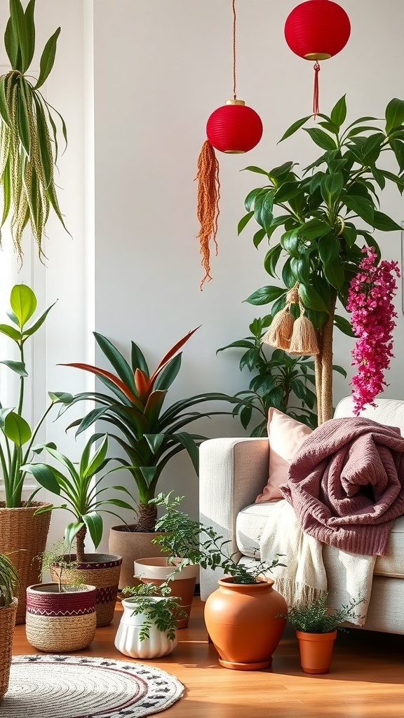 A cozy living room corner with various plants and red lanterns, creating a warm atmosphere.