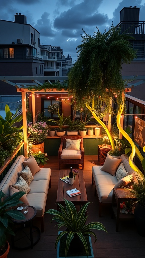 A cozy rooftop terrace with lush greenery and comfortable seating, illuminated by soft lights.
