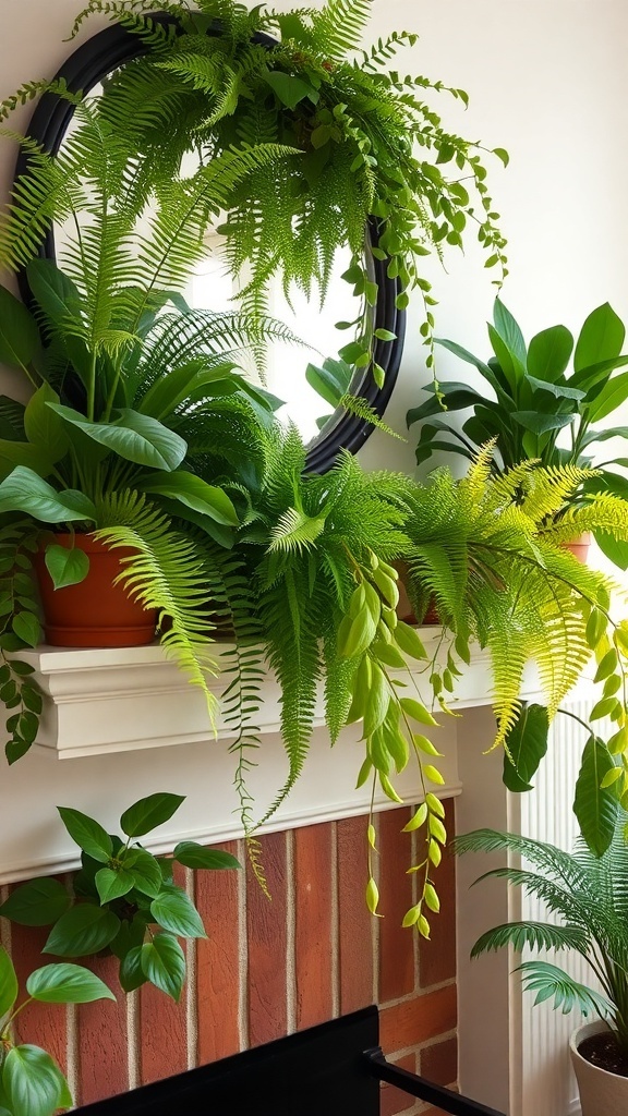 A mantel decorated with a variety of lush green plants and a round mirror, creating a vibrant and refreshing atmosphere.