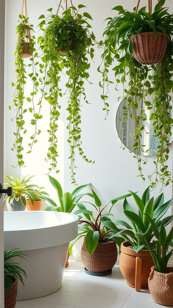 A serene bathroom with lush greenery and a warm bath.