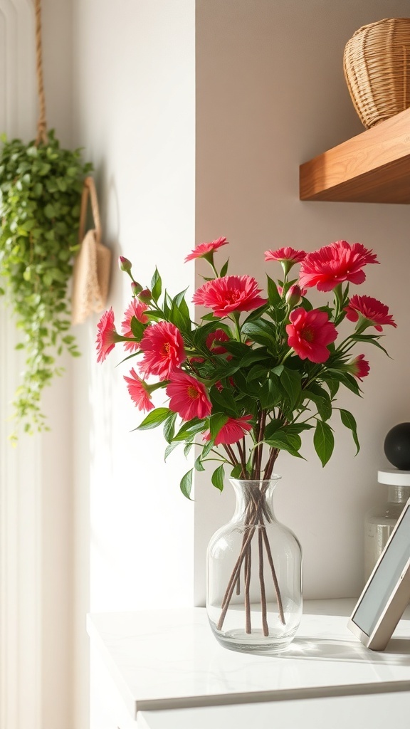 A vase with pink flowers on a kitchen counter, complemented by a hanging plant in the background.