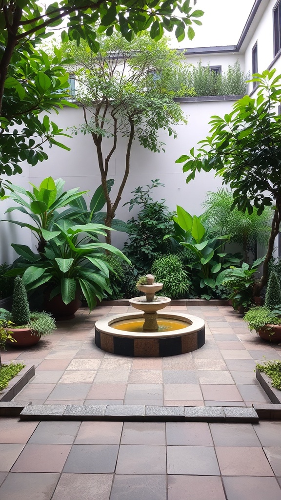 A courtyard garden featuring a central fountain surrounded by lush greenery and plants.