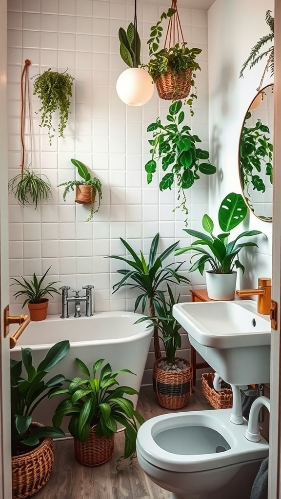 A stylish bathroom filled with lush indoor plants, featuring a bathtub, sink, and greenery in various pots.