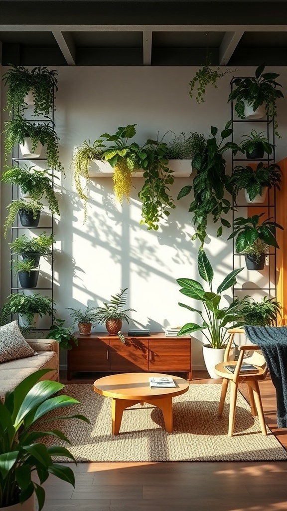 A living room featuring lush plant dividers with various indoor plants creating a natural partition.