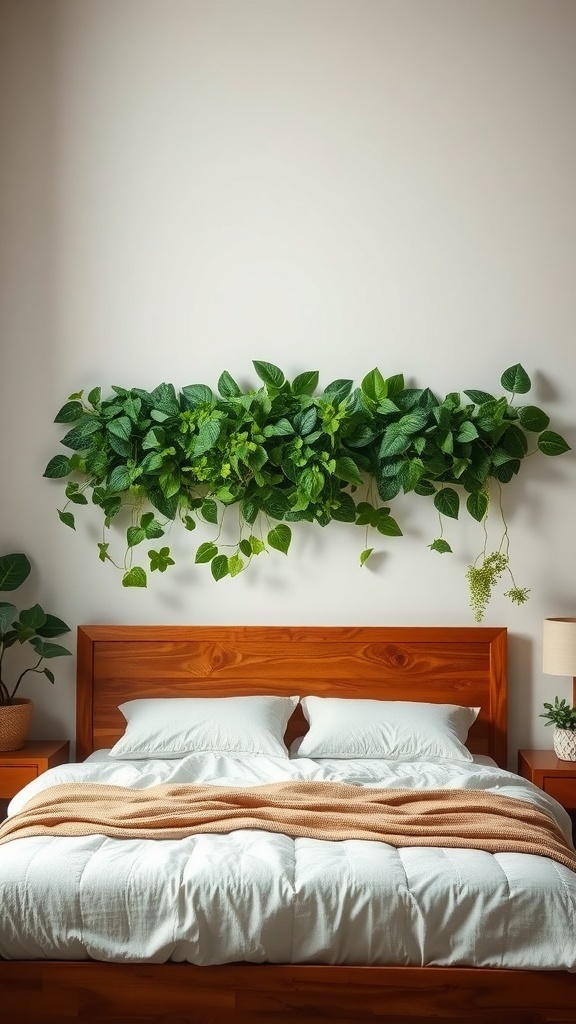 A cozy bedroom with a lush plant wall display above the bed, featuring various green plants and a wooden bed frame.