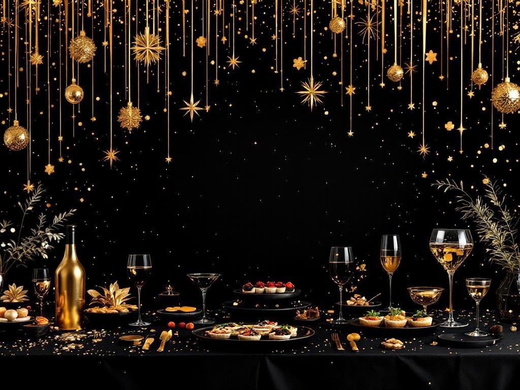 A luxurious dinner party setting with black and gold decorations, featuring elegant tableware and gourmet dishes.