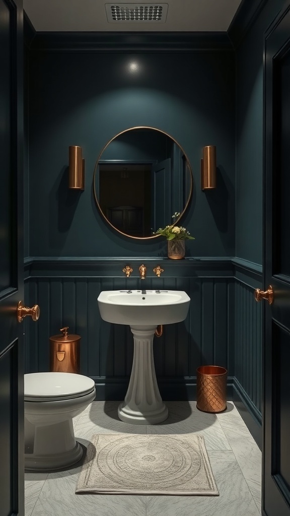 A luxurious powder room featuring dark blue walls, a round mirror, and copper fixtures.