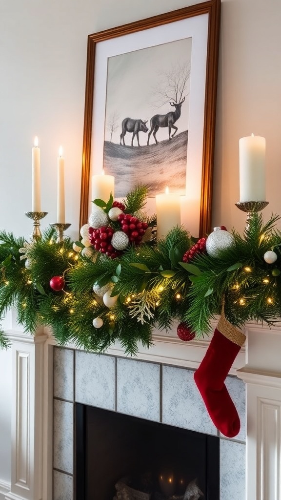 A beautifully styled Christmas mantel with greenery, candles, and a red stocking.