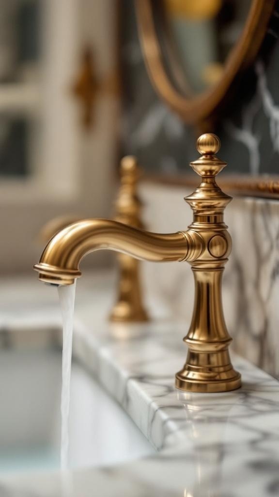 Close-up of a brass faucet with water flowing, set against a marble countertop.