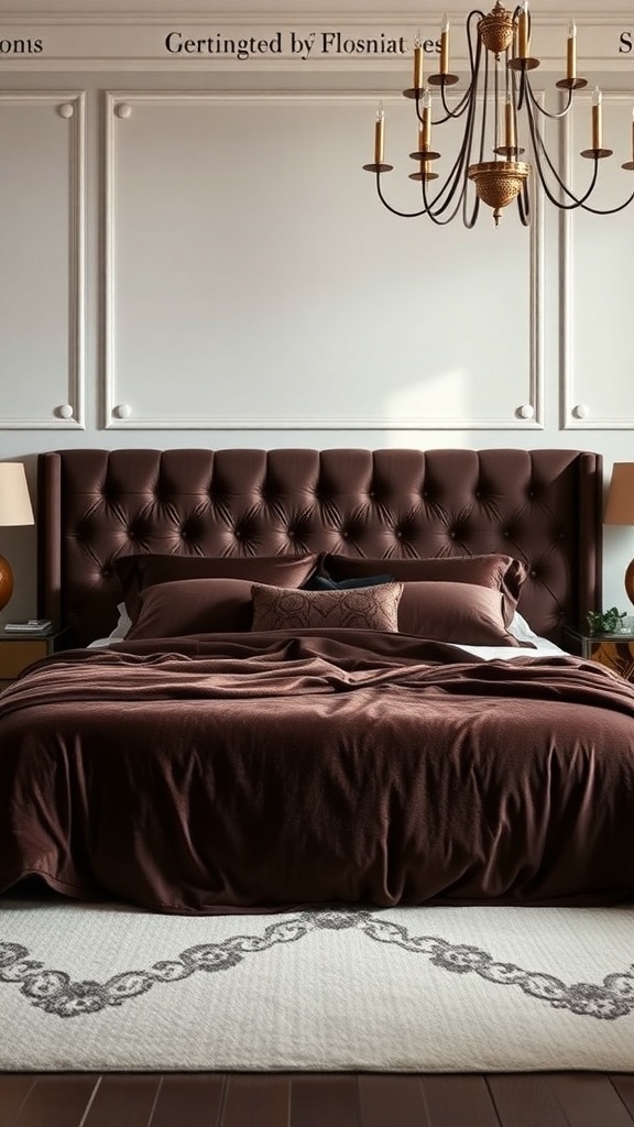 A luxurious bedroom featuring chocolate velvet bedding, a tufted headboard, and elegant lighting.