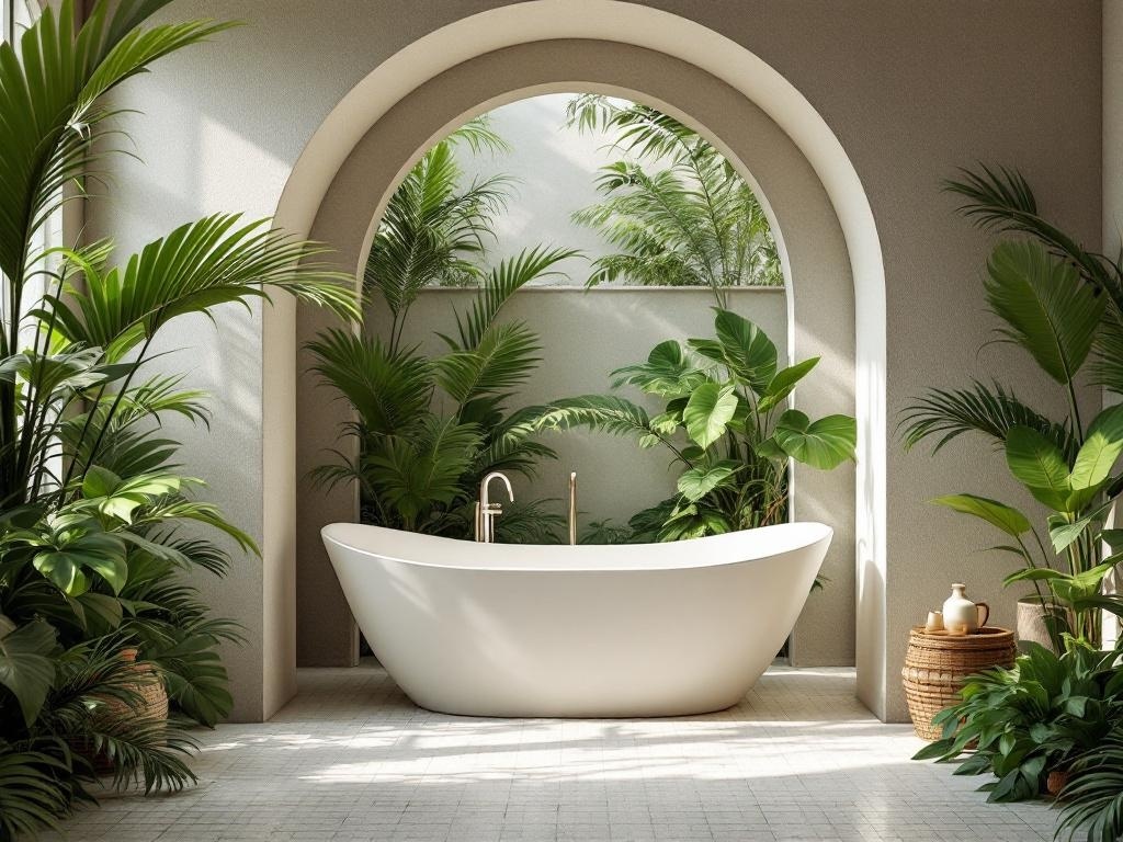 Luxurious archway tub surrounded by tropical plants in a modern bathroom