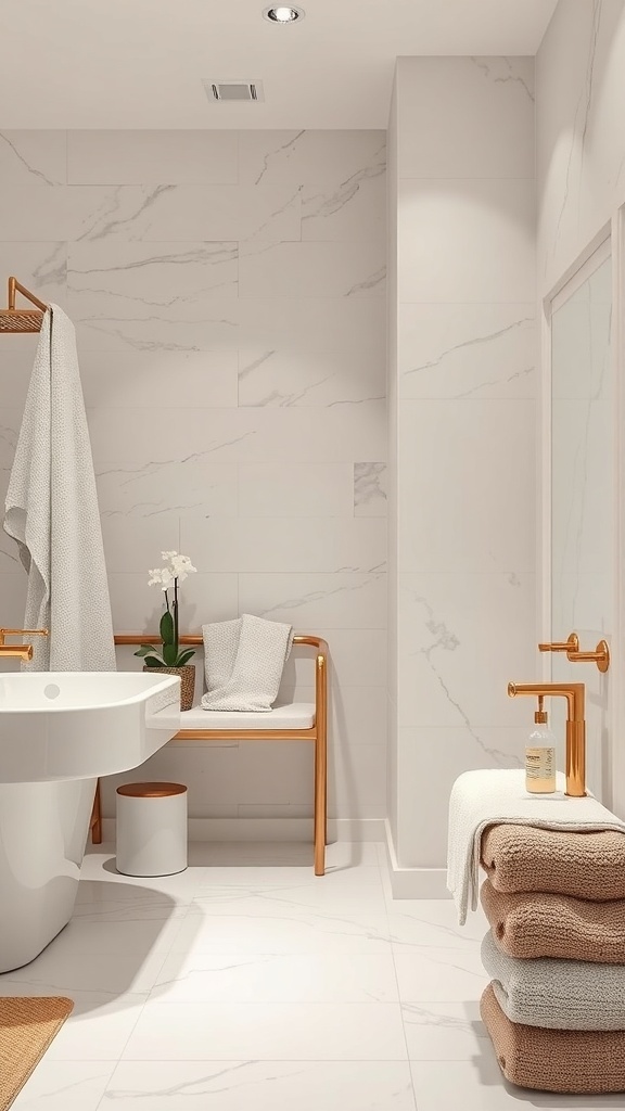 A modern luxury bathroom with a sleek bathtub, wooden bench, and elegant accessories.