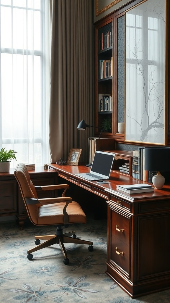 Luxurious corner desk with rich wooden textures, ergonomic chair, and bookshelves filled with books.
