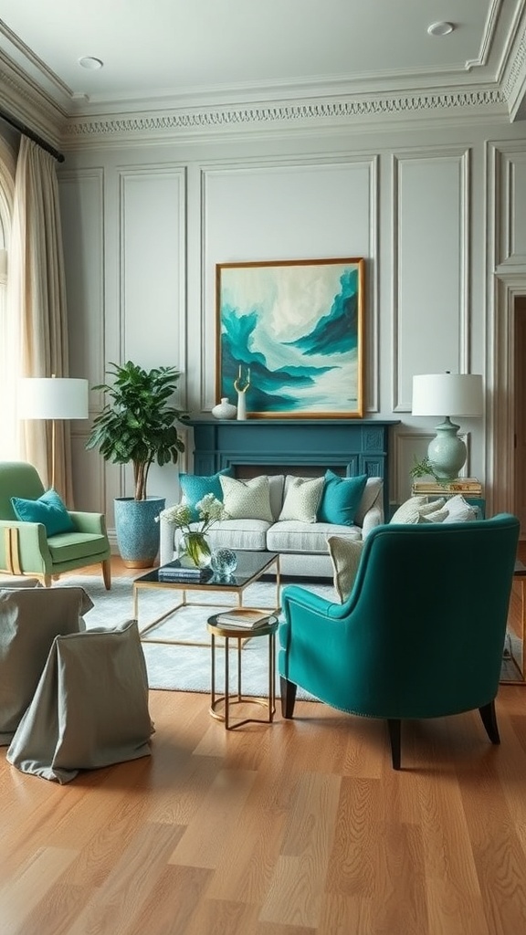 A stylish living room featuring emerald green chairs, a soft linen sofa, and a teal artwork above the fireplace.