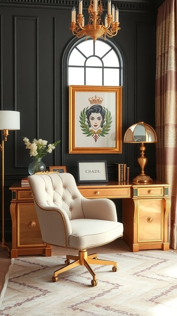 Luxurious glam office featuring a golden desk, plush chair, and elegant decor.