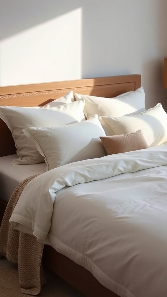 A beautifully made bed with white linens and various plush pillows, showcasing a luxurious hotel-style bedding setup.