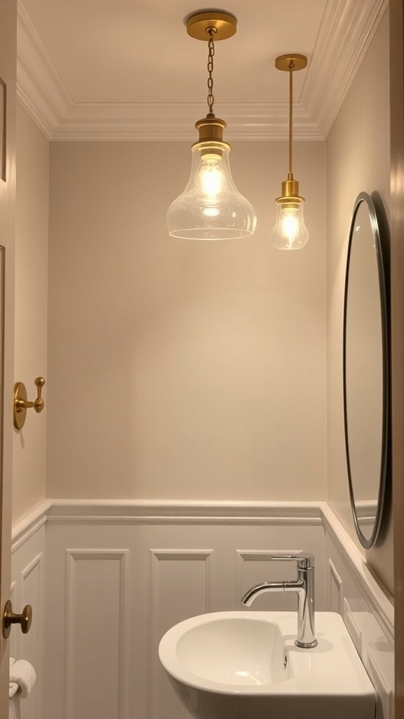 A powder room featuring two stylish light fixtures in glass and gold, illuminating a modern sink and mirror.