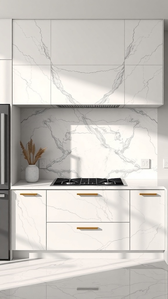 A modern kitchen featuring a luxurious marble backsplash with unique veining and sleek cabinetry.