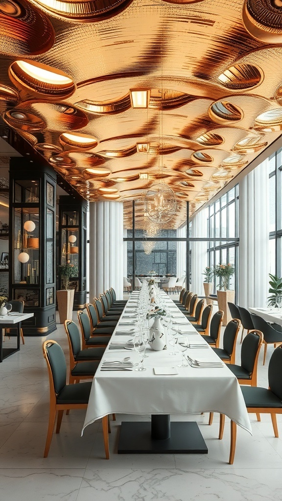 A luxurious dining area with a golden metallic ceiling, featuring a long dining table and elegant chairs.