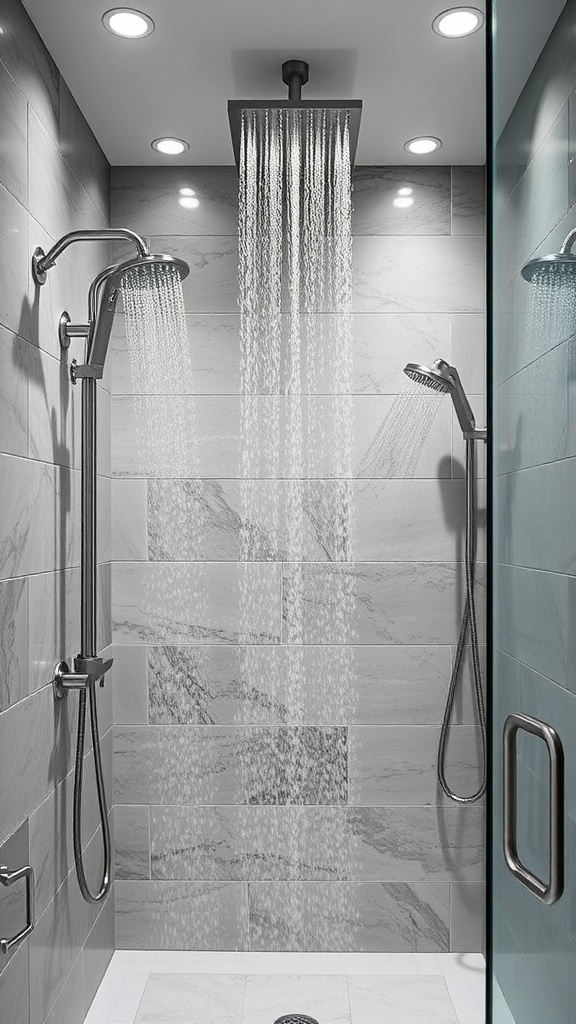 Luxurious modern shower with rainfall showerhead and gray marble tiles