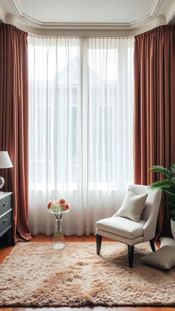 A stylish home office corner with warm curtains, a cozy chair, and a plush rug.