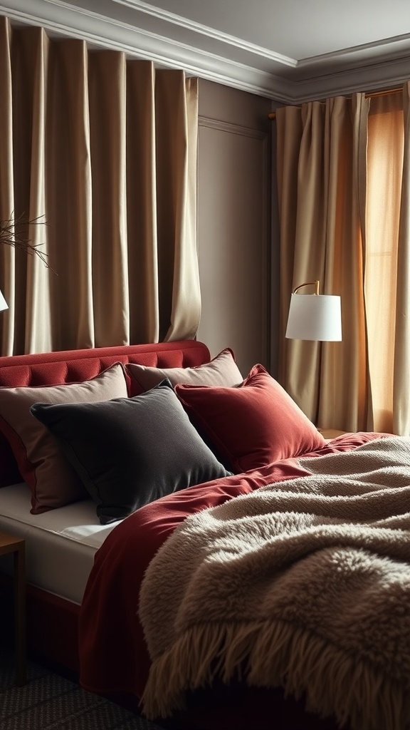 A luxurious bedroom featuring a red bed with plush pillows and a soft blanket, complemented by elegant curtains.