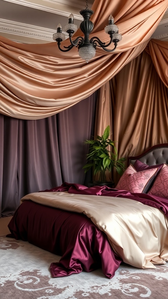 Luxurious bedroom with layered pink and burgundy fabrics, featuring a chandelier and a plant.