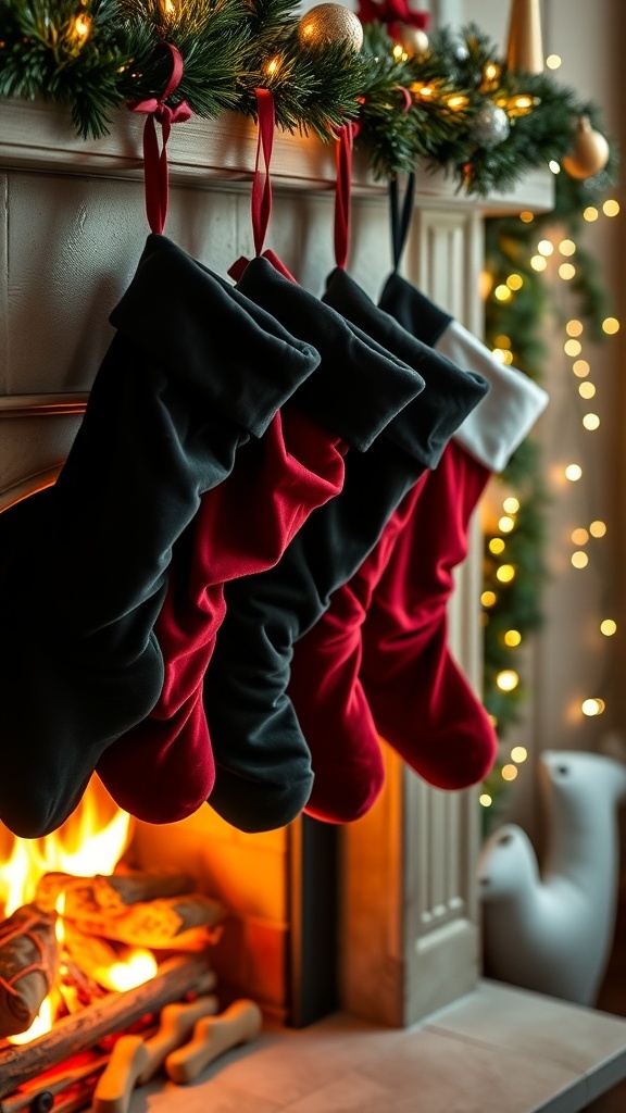 A cozy fireplace adorned with luxurious velvet stockings in red and black, decorated with festive greenery and twinkling lights.