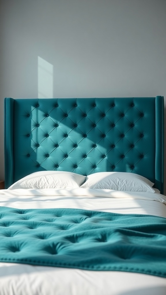 A luxurious velvet teal headboard with tufted design, complementing a bed with white pillows and a teal blanket.