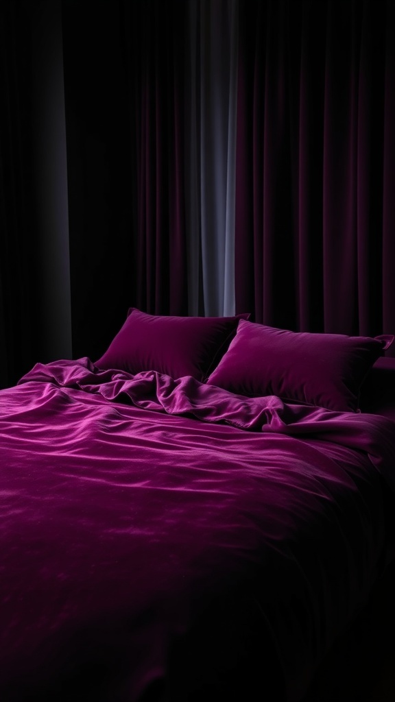 A luxurious dark feminine bedroom featuring a deep plum velvet bedspread and curtains.